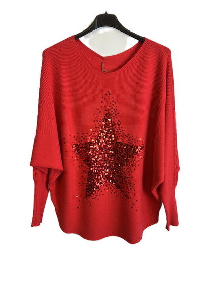 Brand New Womens Italian Sequin Star Batwing Sleeve Fine Knit Jumper