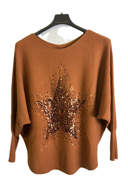 Brand New Womens Italian Sequin Star Batwing Sleeve Fine Knit Jumper