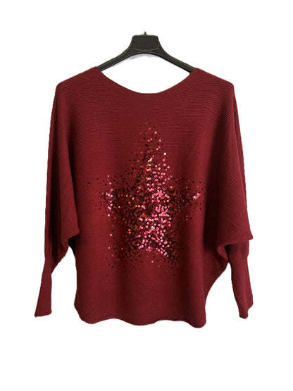 Brand New Womens Italian Sequin Star Batwing Sleeve Fine Knit Jumper