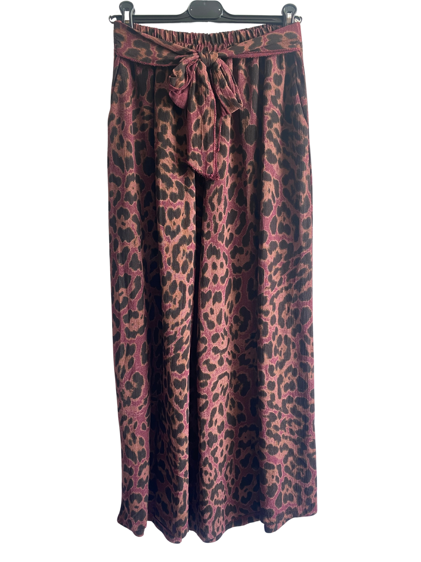 Animal Print Wide Leg Palazzo Elasticated Waistband Trousers in Wine