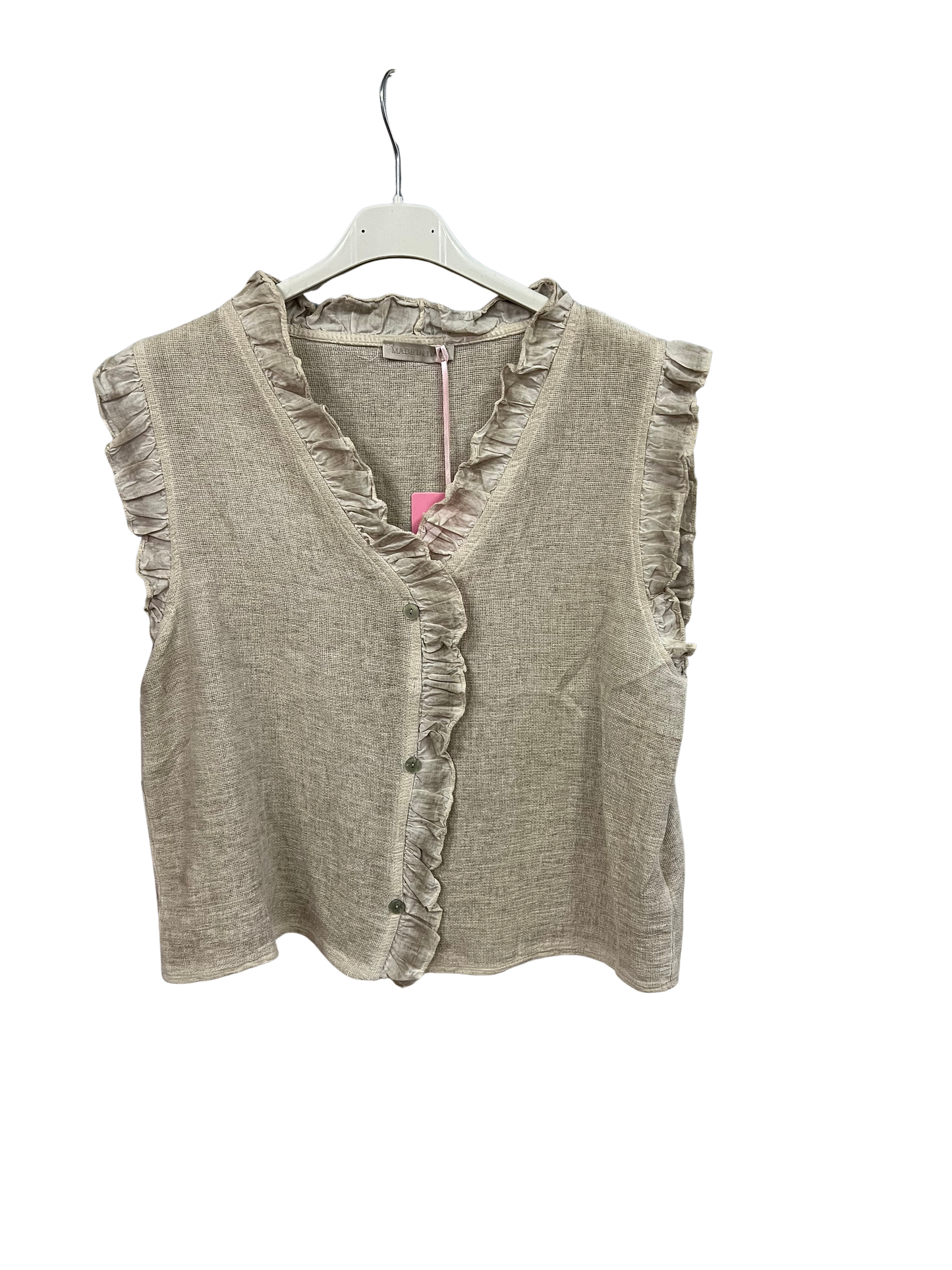 Womens Italian Linen Mix Textured Sleeveless Button Through Top with Frill Trim