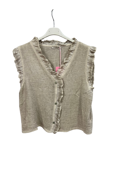 Womens Italian Linen Mix Textured Sleeveless Button Through Top with Frill Trim