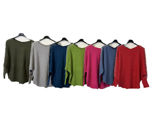 Brand New Womens Ladies Lagenlook Pearl Diamante Sparkly Batwing Sleeve Jumper