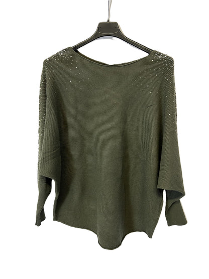 Brand New Womens Ladies Lagenlook Pearl Diamante Sparkly Batwing Sleeve Jumper