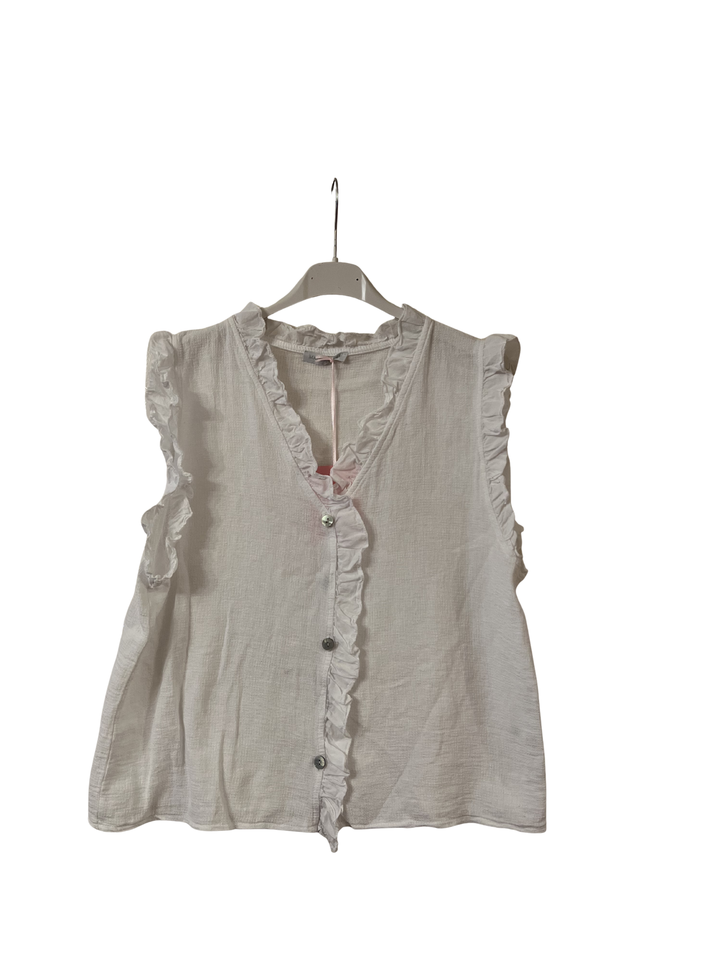 Womens Italian Linen Mix Textured Sleeveless Button Through Top with Frill Trim