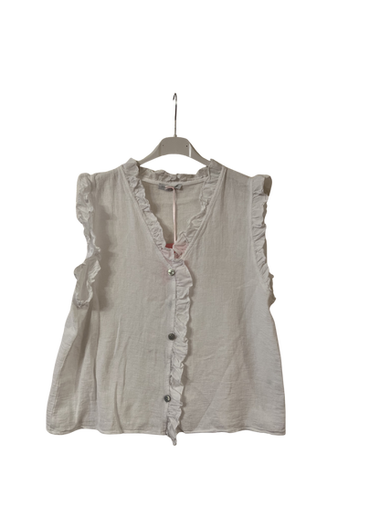 Womens Italian Linen Mix Textured Sleeveless Button Through Top with Frill Trim