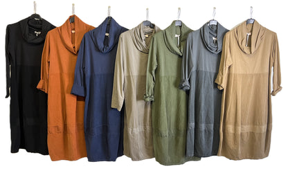 Brand New Ladies Italian Lagenlook Cowl Neck Long Sleeve Cord Panel Jersey Dress