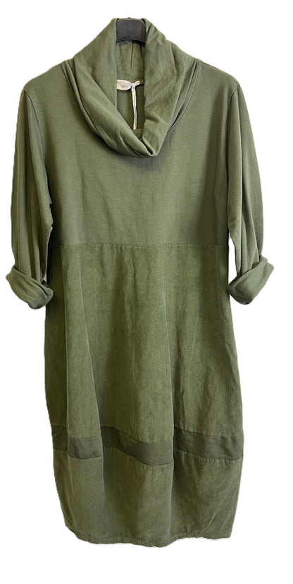 Brand New Ladies Italian Lagenlook Cowl Neck Long Sleeve Cord Panel Jersey Dress