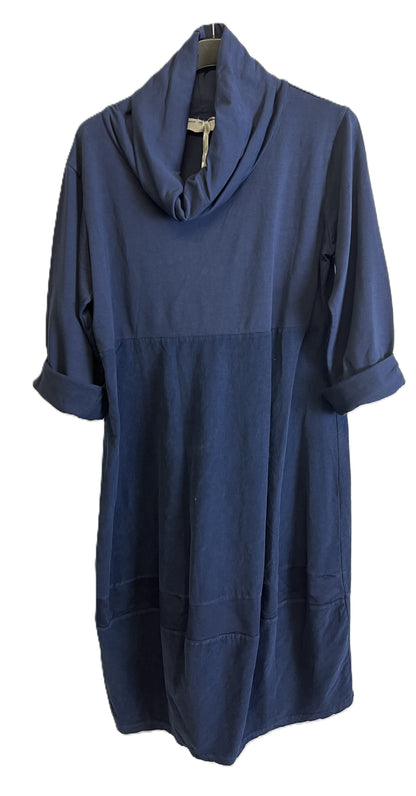 Brand New Ladies Italian Lagenlook Cowl Neck Long Sleeve Cord Panel Jersey Dress