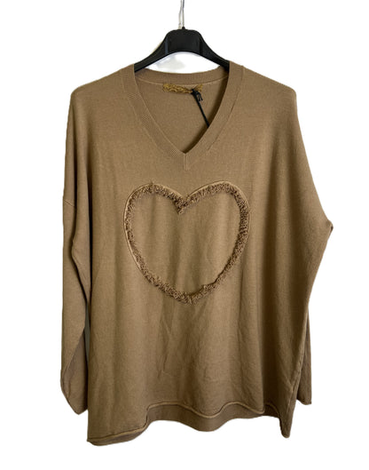 Brand New Italian Womens Soft Knit Embossed Heart Design V-Neck Long Sleeved Top