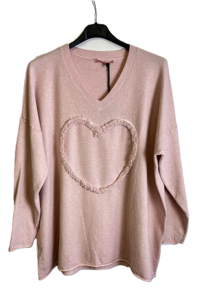 Brand New Italian Womens Soft Knit Embossed Heart Design V-Neck Long Sleeved Top