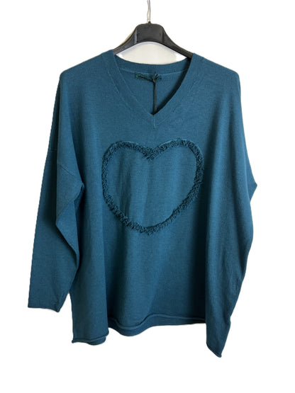 Brand New Italian Womens Soft Knit Embossed Heart Design V-Neck Long Sleeved Top