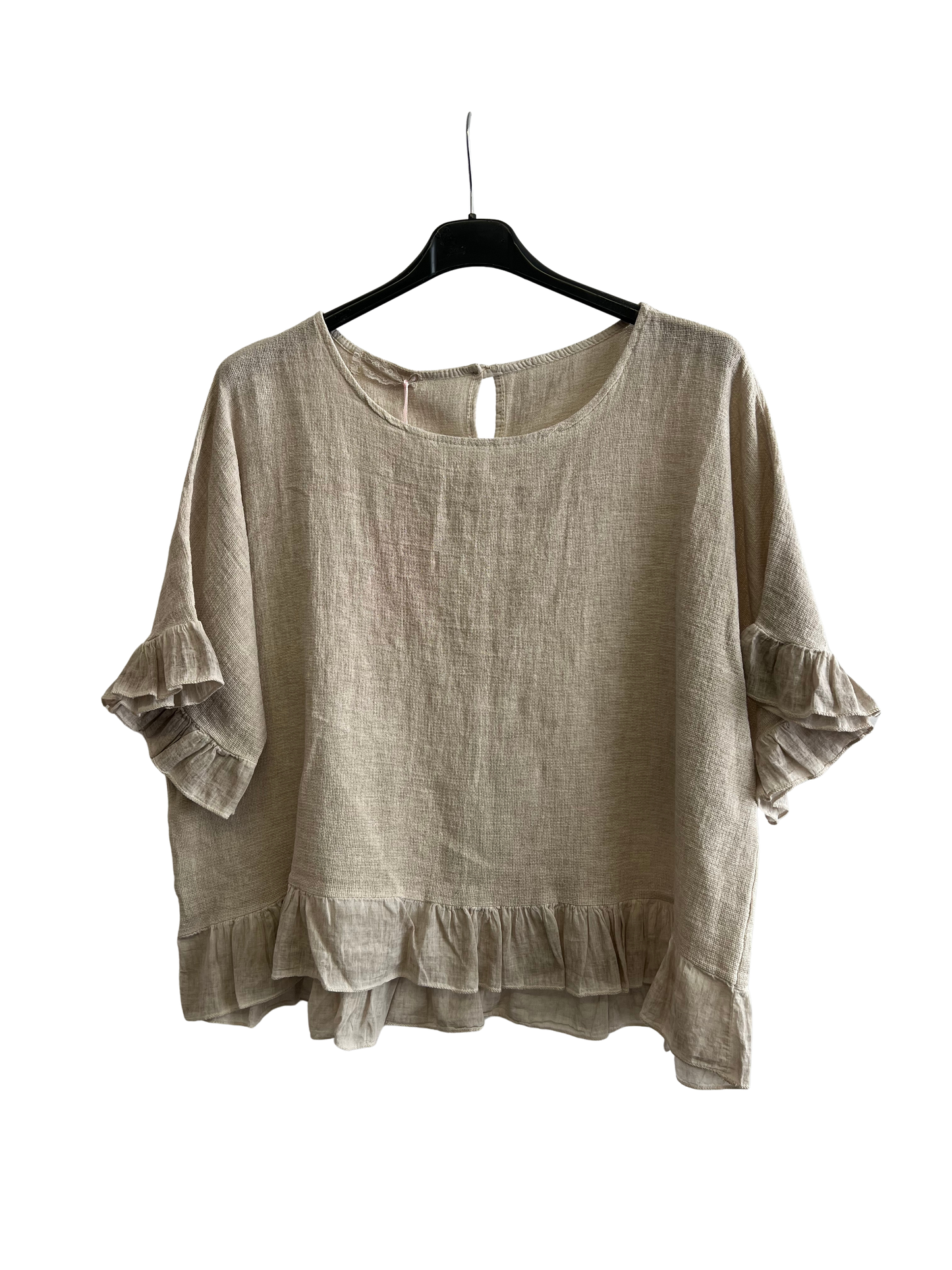 New Ladies Summer 26' Italian Linen Blend Tops with Frilled Trim Sleeves and Hem