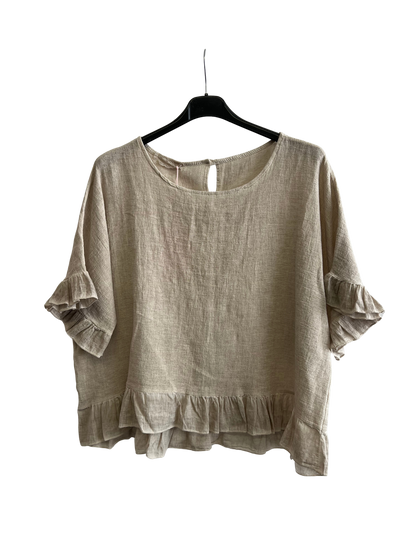 New Ladies Summer 26' Italian Linen Blend Tops with Frilled Trim Sleeves and Hem