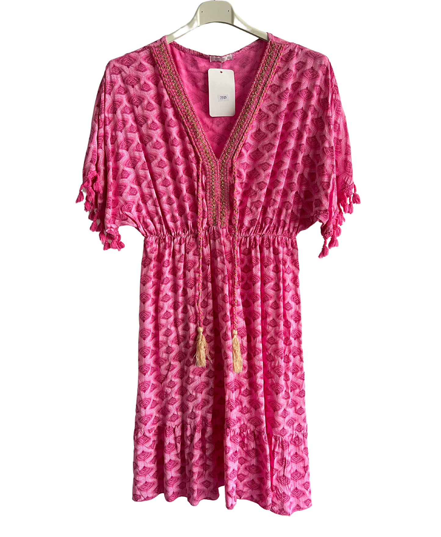New Ladies Summer Lightweight Tassel Tie Printed Mid Length Kaftan Dresses