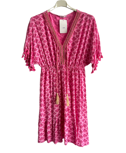 New Ladies Summer Lightweight Tassel Tie Printed Mid Length Kaftan Dresses