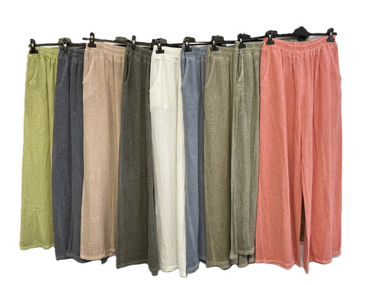 Brand New Womens Summer Lightweight Textured Linen Mix 2 Pocket Wide Leg Trousers
