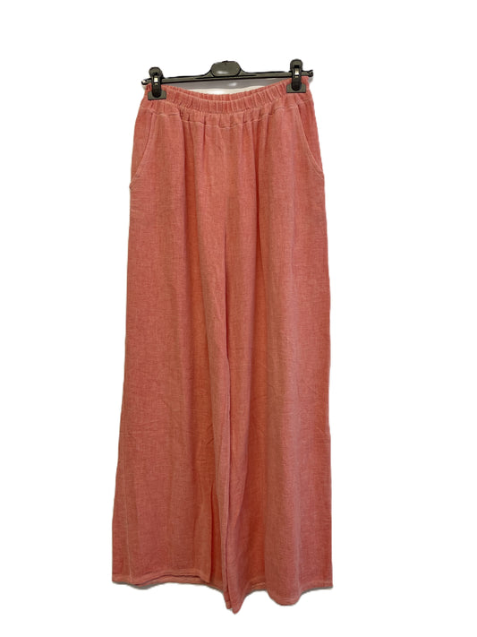 Brand New Womens Summer Lightweight Textured Linen Mix 2 Pocket Wide Leg Trouser in Coral