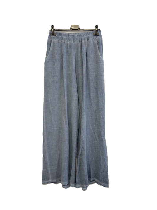 Brand New Womens Summer Lightweight Textured Linen Mix 2 Pocket Wide Leg Trouser in Denim Blue
