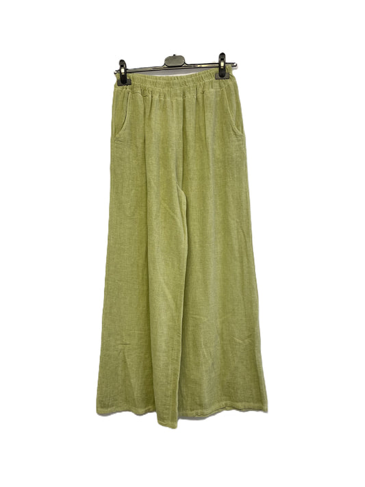 Brand New Womens Summer Lightweight Textured Linen Mix 2 Pocket Wide Leg Trouser in Lime Green