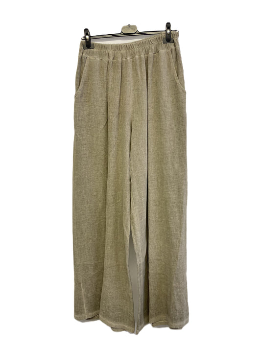 Brand New Womens Summer Lightweight Textured Linen Mix 2 Pocket Wide Leg Trouser in Mocha