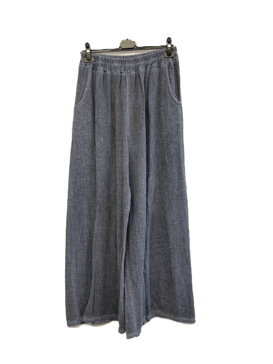 Brand New Womens Summer Lightweight Textured Linen Mix 2 Pocket Wide Leg Trouser in Navy