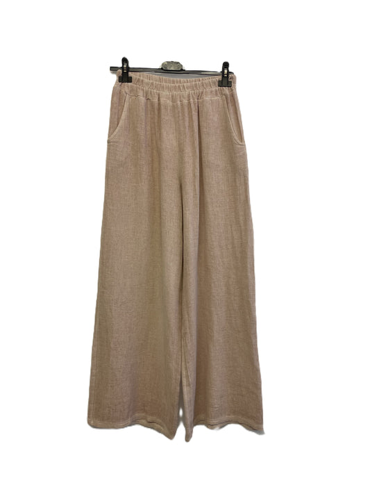 Brand New Womens Summer Lightweight Textured Linen Mix 2 Pocket Wide Leg Trouser in Pale Pink