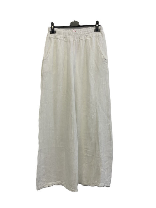 Brand New Womens Summer Lightweight Textured Linen Mix 2 Pocket Wide Leg Trouser in White