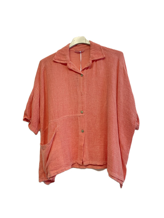 Brand New Womens Summer Italian Linen Mix Textured Shirt with Pocket and Collar in Coral