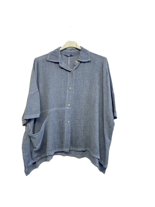 Brand New Womens Summer Italian Linen Mix Textured Shirt with Pocket and Collar in Denim Blue
