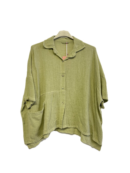 Brand New Womens Summer Italian Linen Mix Textured Shirt with Pocket and Collar in Lime Green