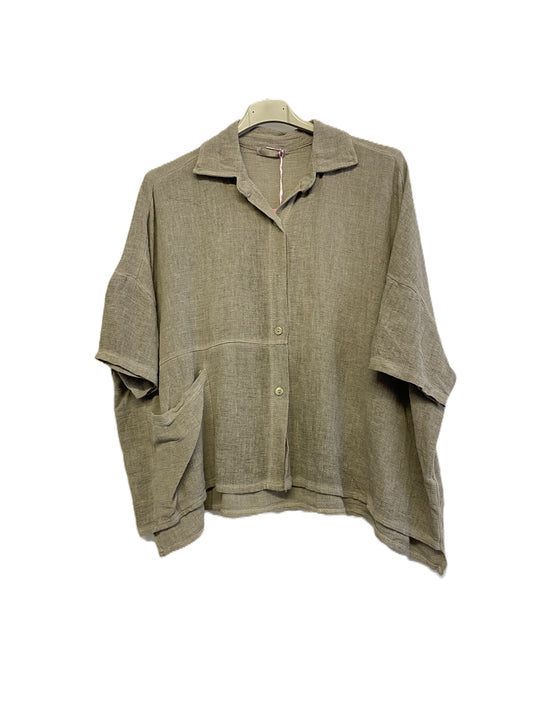 Brand New Womens Summer Italian Linen Mix Textured Shirt with Pocket and Collar in Mocha