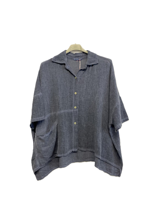 Brand New Womens Summer Italian Linen Mix Textured Shirt with Pocket and Collar in Navy