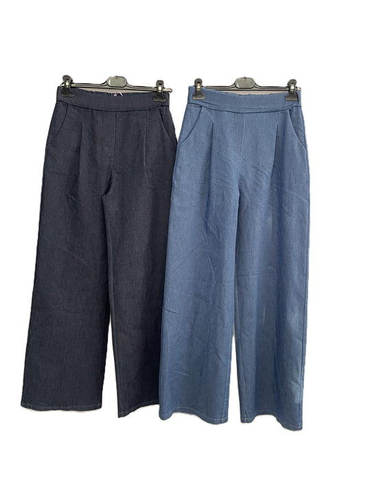 Womens All Seasons Italian Wide Leg Smart Denim Stretchy Magic Pants Trousers
