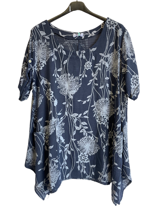 Lightweight Oversized 2 Pocket Floral Cotton & Linen Top in Navy