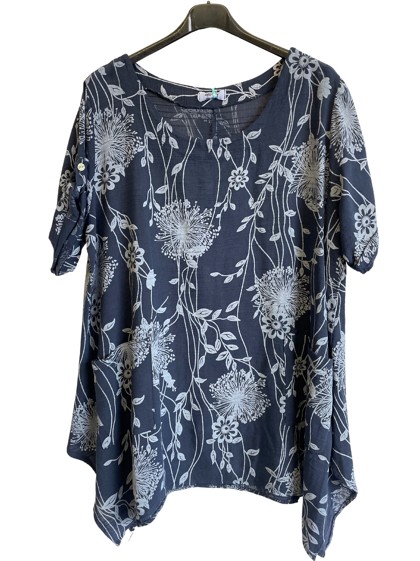 New Womens Italian Two Pocket Floral- Print Linen Mix Tunic Top With Long Sides