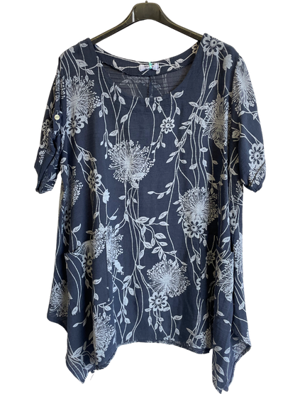New Womens Italian Two Pocket Floral- Print Linen Mix Tunic Top With Long Sides
