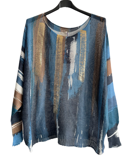 Foil Paint Splash Design Fine Knit Batwing Autumn Jumper in Denim
