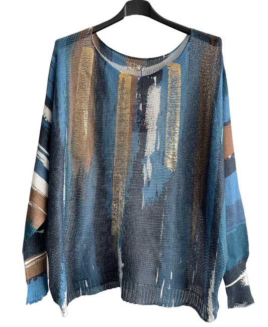 Foil Paint Splash Design Fine Knit Batwing Autumn Jumper in Denim