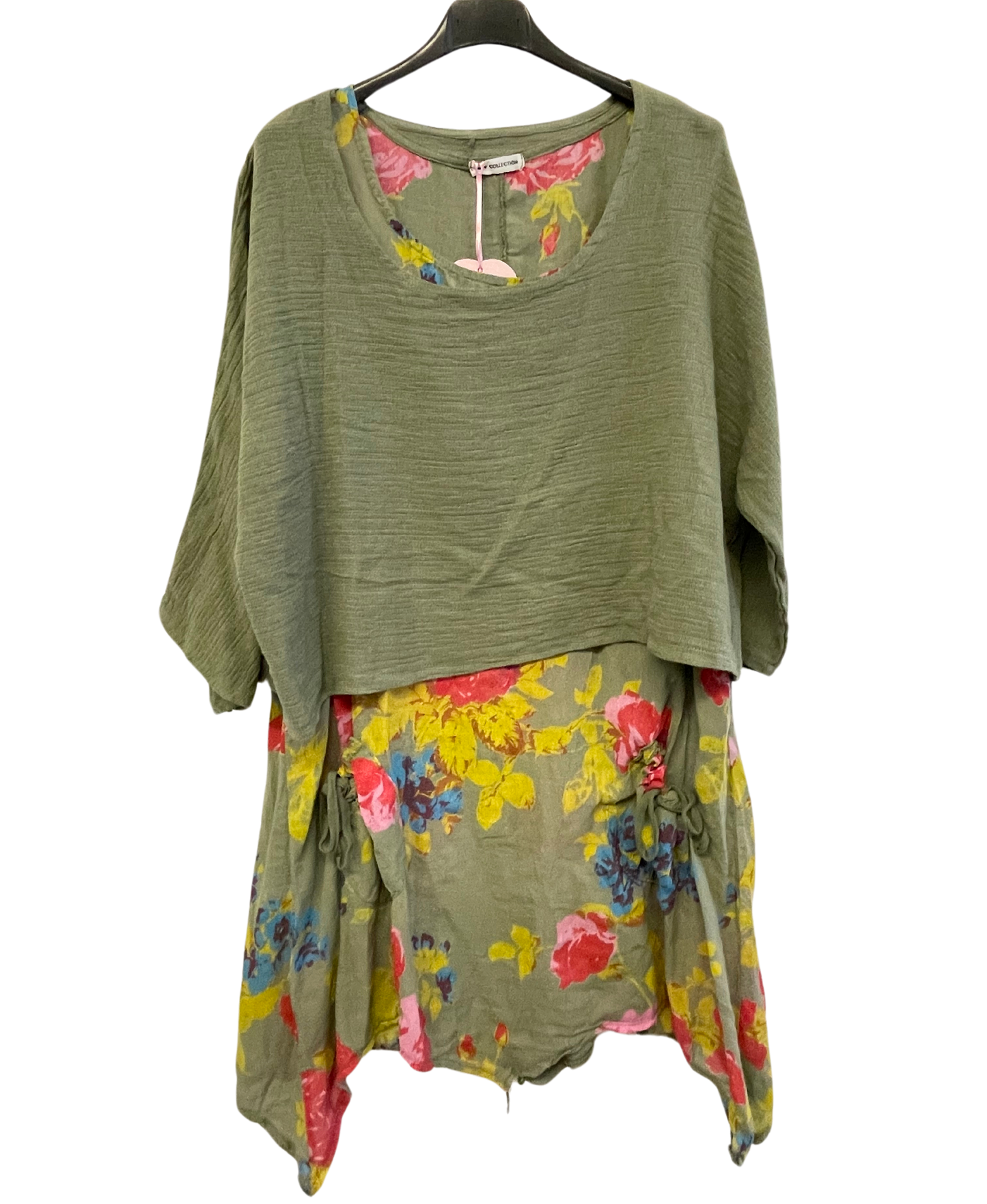 Brand New Womens Lagenlook 2 Piece Floral Dress Asymmetric Hem with Plain Top