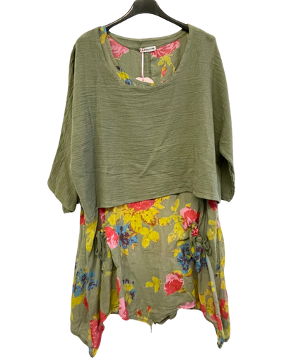 Brand New Womens Lagenlook 2 Piece Floral Dress Asymmetric Hem with Plain Top