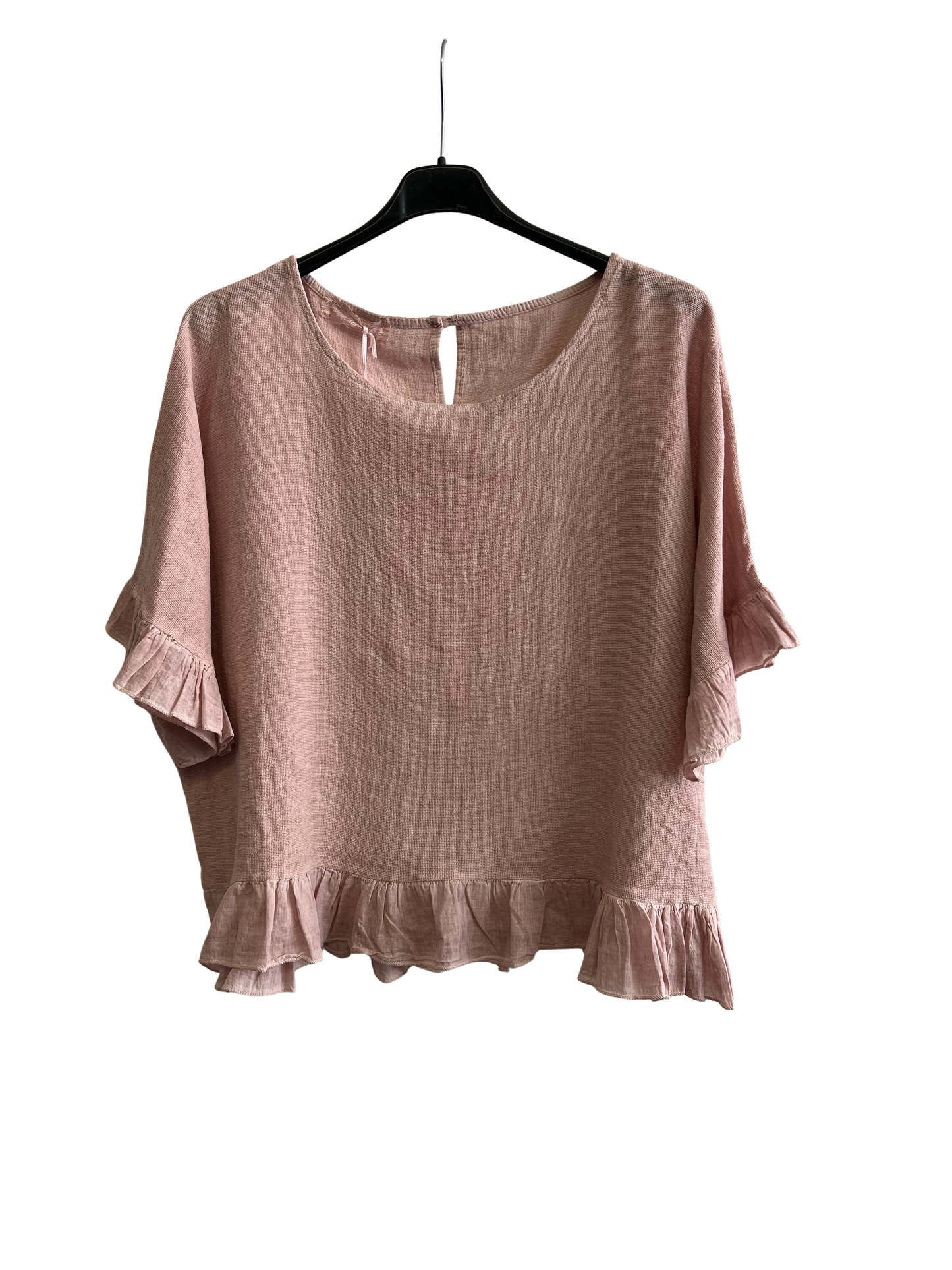 New Ladies Summer 26' Italian Linen Blend Tops with Frilled Trim Sleeves and Hem