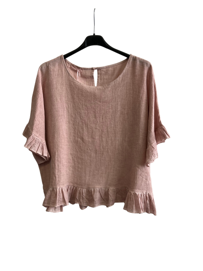 New Ladies Summer 26' Italian Linen Blend Tops with Frilled Trim Sleeves and Hem