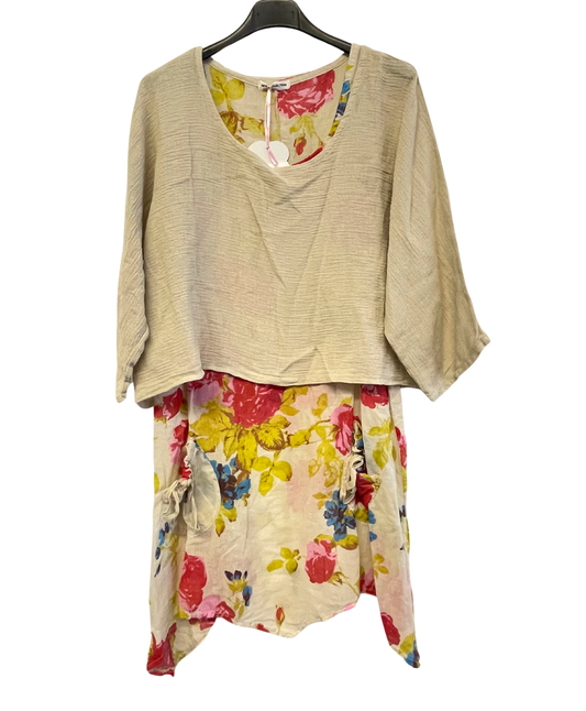 2 Piece Floral Dress Asymmetric Hem with Plain Top in Beige