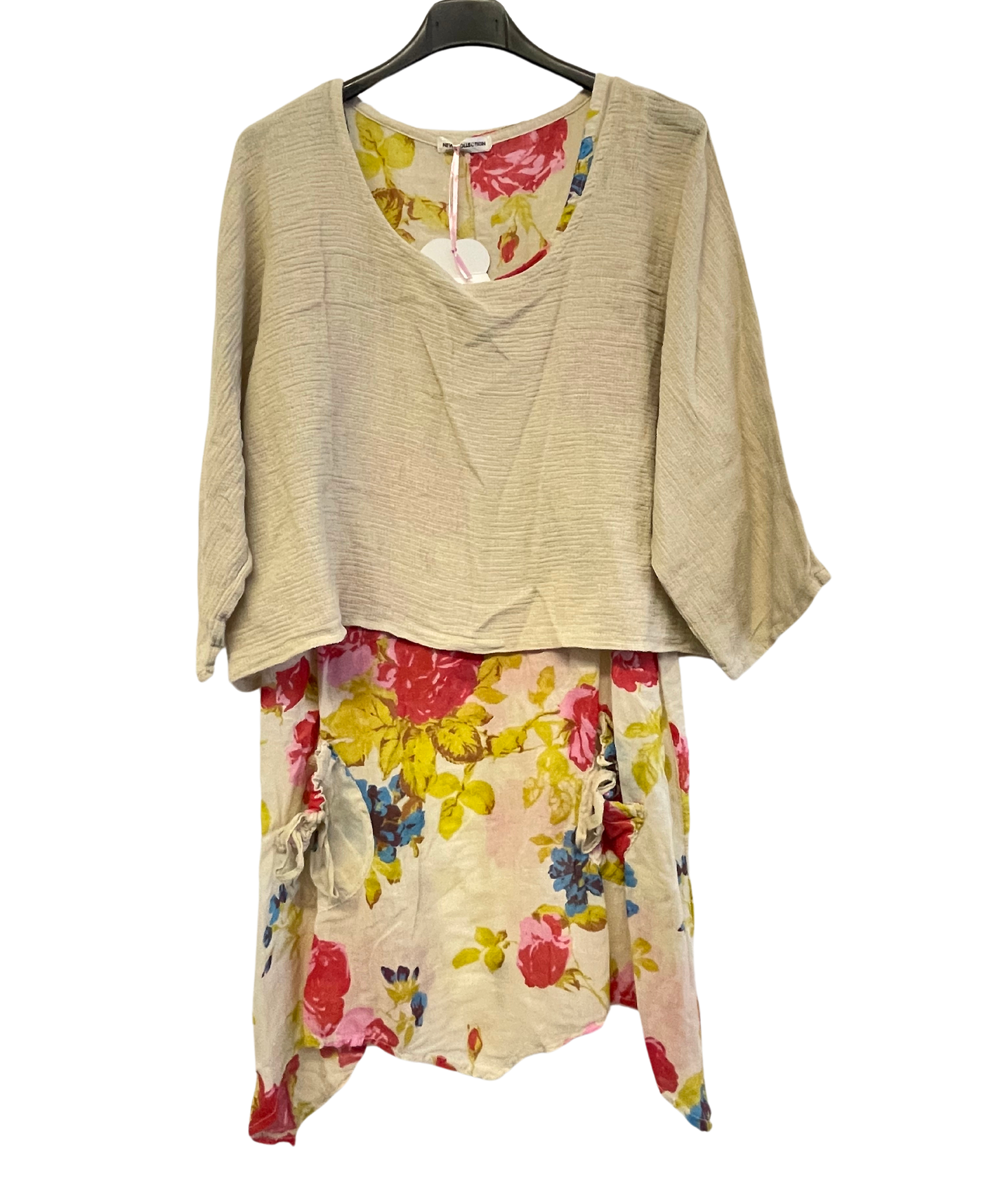 Brand New Womens Lagenlook 2 Piece Floral Dress Asymmetric Hem with Plain Top