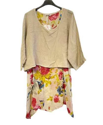 Brand New Womens Lagenlook 2 Piece Floral Dress Asymmetric Hem with Plain Top