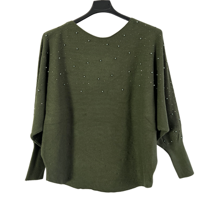 Autumn Pearl Sequin Design Batwing Sleeve Ribbed Knit Jumper in Khaki