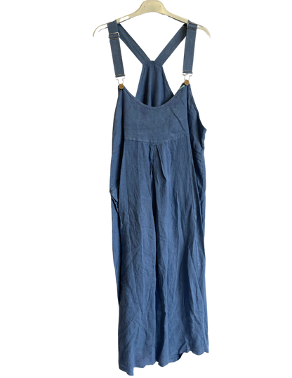 Ladies Casual Italian Summer Linen Dungaree Style Dresses with Button Detailed Hem