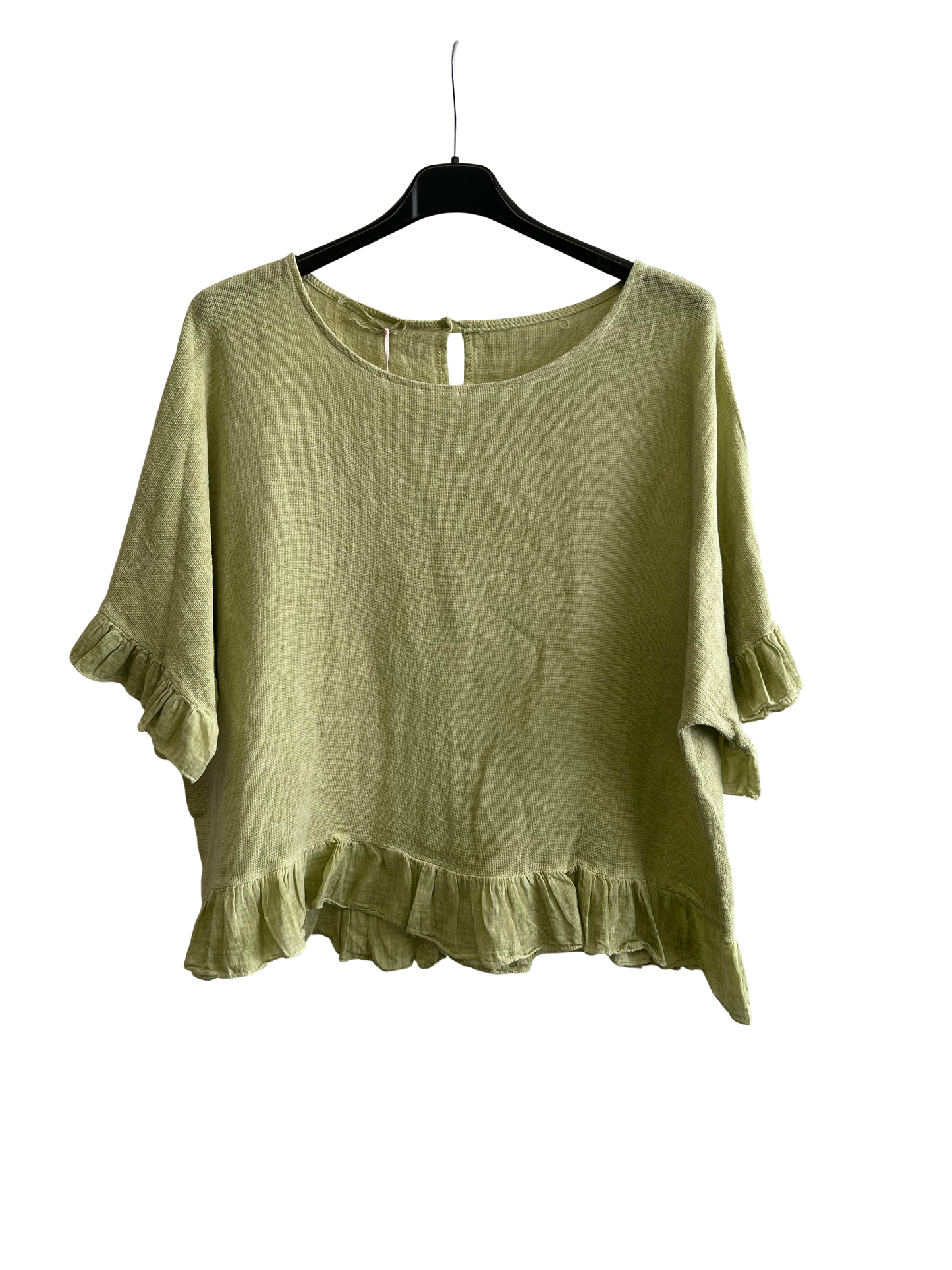 New Ladies Summer 26' Italian Linen Blend Tops with Frilled Trim Sleeves and Hem