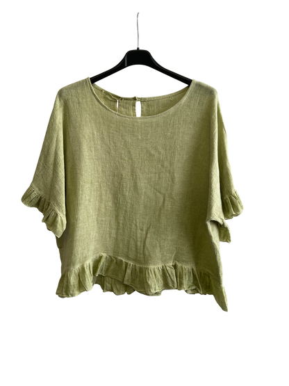 New Ladies Summer 26' Italian Linen Blend Tops with Frilled Trim Sleeves and Hem